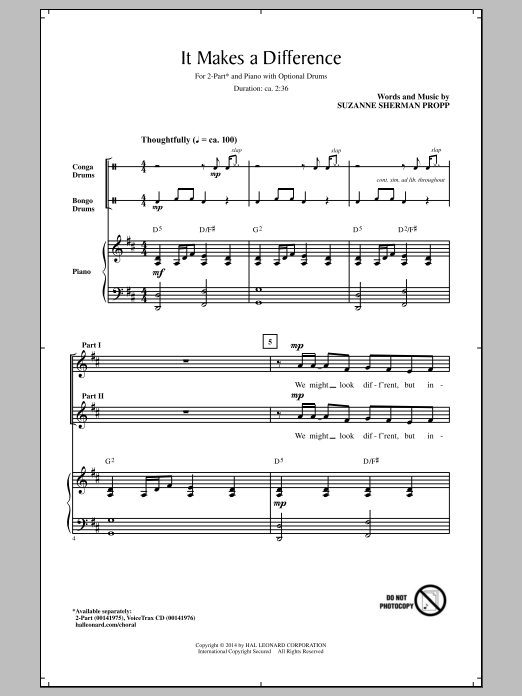 Suzanne Sherman Propp It Makes A Difference sheet music notes and chords arranged for 2-Part Choir