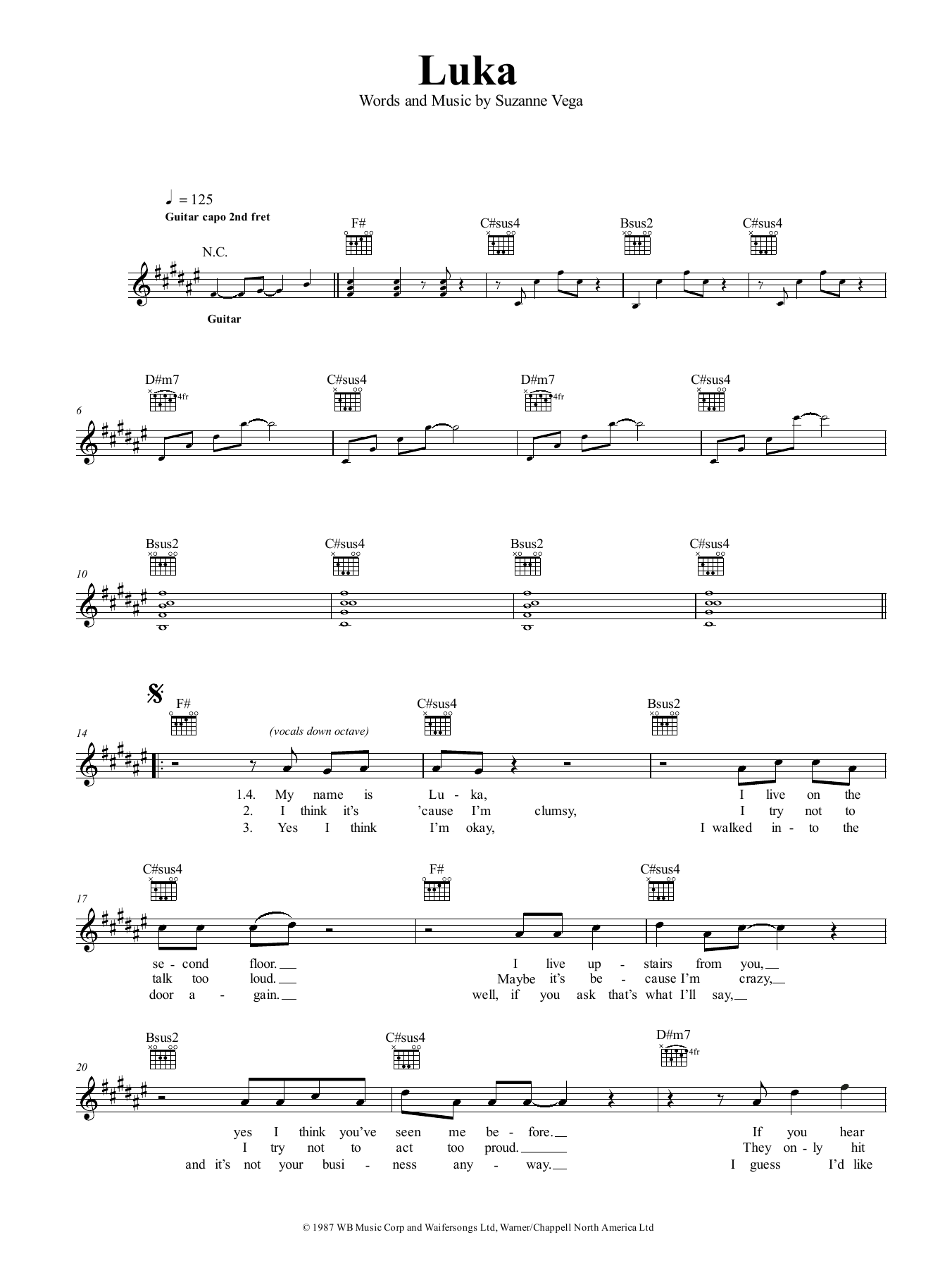 Suzanne Vega Luka sheet music notes and chords arranged for Guitar Chords/Lyrics
