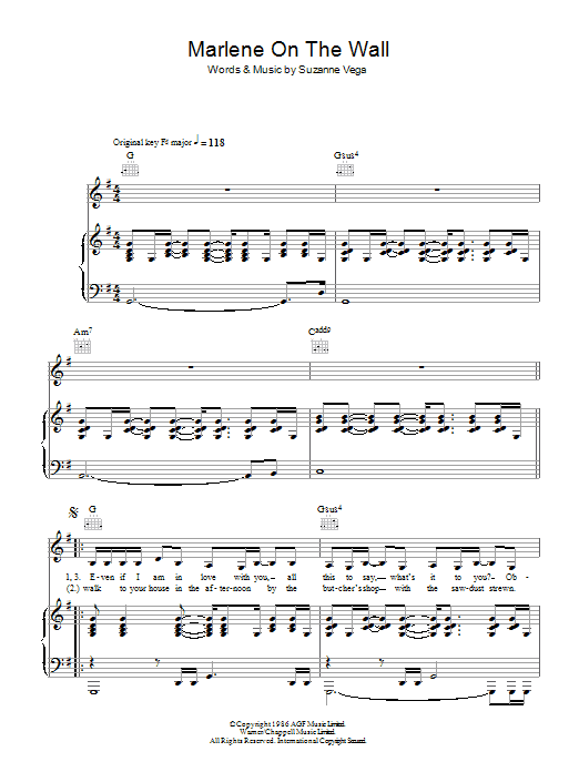 Suzanne Vega Marlene On The Wall sheet music notes and chords arranged for Piano, Vocal & Guitar Chords