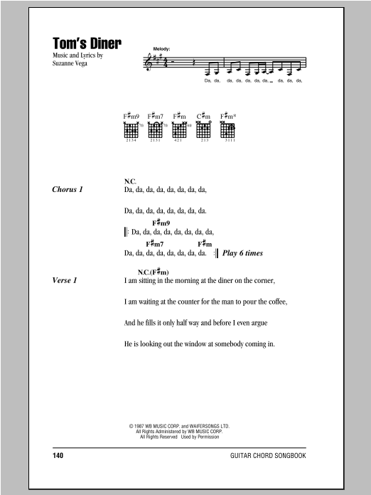 Suzanne Vega Tom's Diner sheet music notes and chords arranged for Guitar Chords/Lyrics