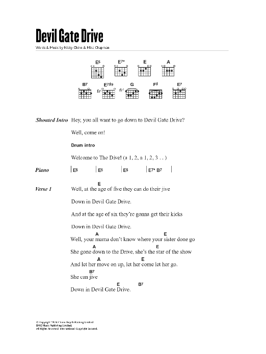 Suzi Quatro Devil Gate Drive sheet music notes and chords arranged for Guitar Chords/Lyrics