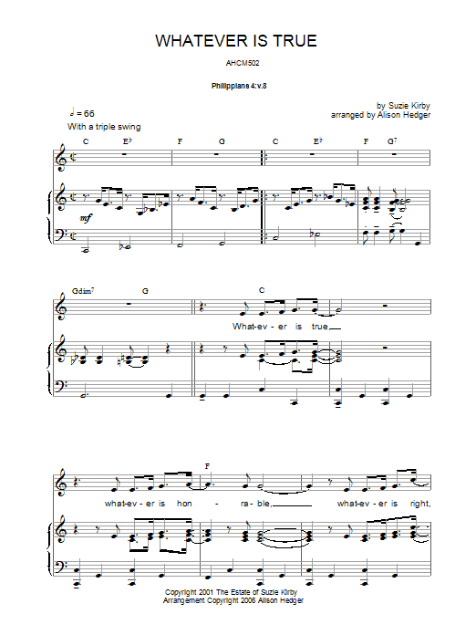Suzie Kirby Whatever Is True sheet music notes and chords arranged for Piano, Vocal & Guitar Chords