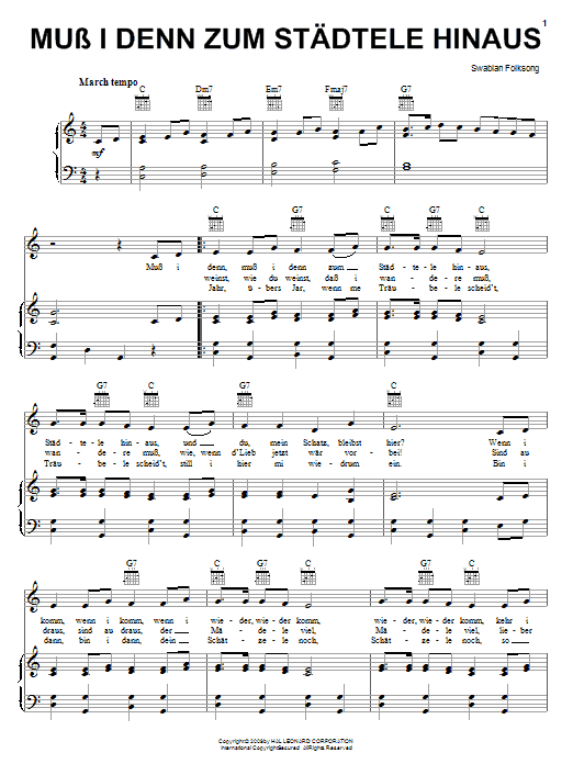 Swabian Folksong Muss I Denn Zum Stadtele Hinaus sheet music notes and chords arranged for Piano, Vocal & Guitar Chords (Right-Hand Melody)