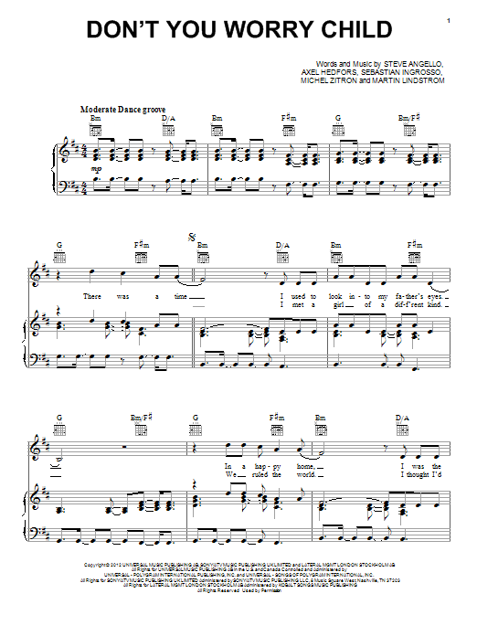 Swedish House Mafia Don't You Worry Child sheet music notes and chords arranged for Piano Chords/Lyrics