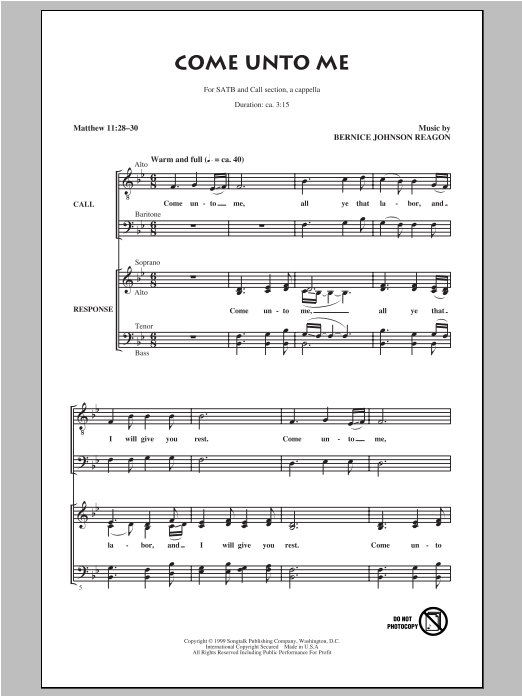 Sweet Honey In The Rock Come Unto Me sheet music notes and chords arranged for SATB Choir