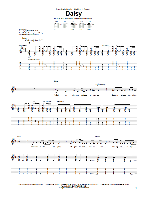 Switchfoot Daisy sheet music notes and chords arranged for Guitar Tab