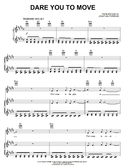 Switchfoot Dare You To Move sheet music notes and chords arranged for Piano, Vocal & Guitar Chords (Right-Hand Melody)
