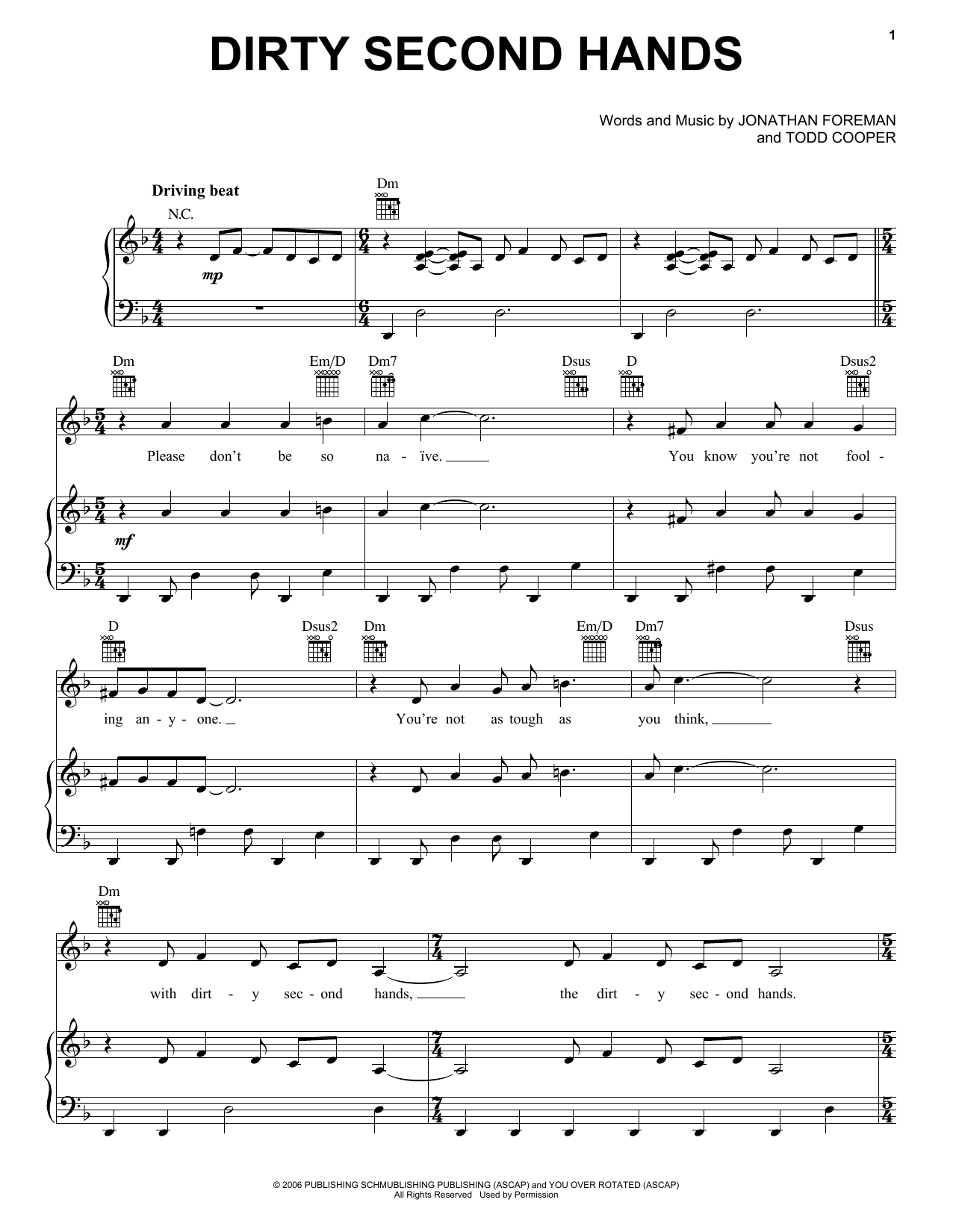 Switchfoot Dirty Second Hands sheet music notes and chords arranged for Piano, Vocal & Guitar Chords (Right-Hand Melody)