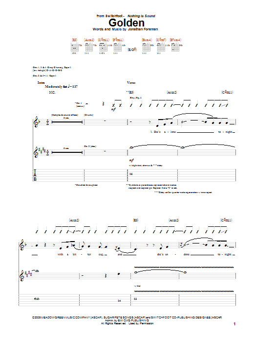 Switchfoot Golden sheet music notes and chords arranged for Guitar Tab