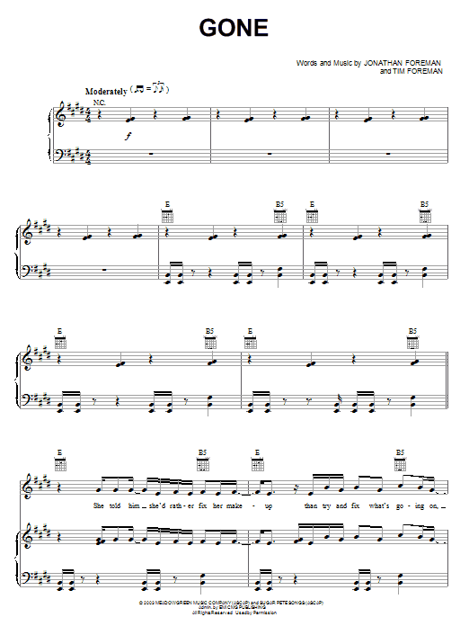 Switchfoot Gone sheet music notes and chords arranged for Piano, Vocal & Guitar Chords (Right-Hand Melody)