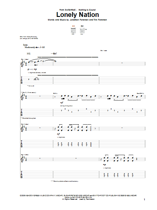 Switchfoot Lonely Nation sheet music notes and chords arranged for Piano, Vocal & Guitar Chords (Right-Hand Melody)