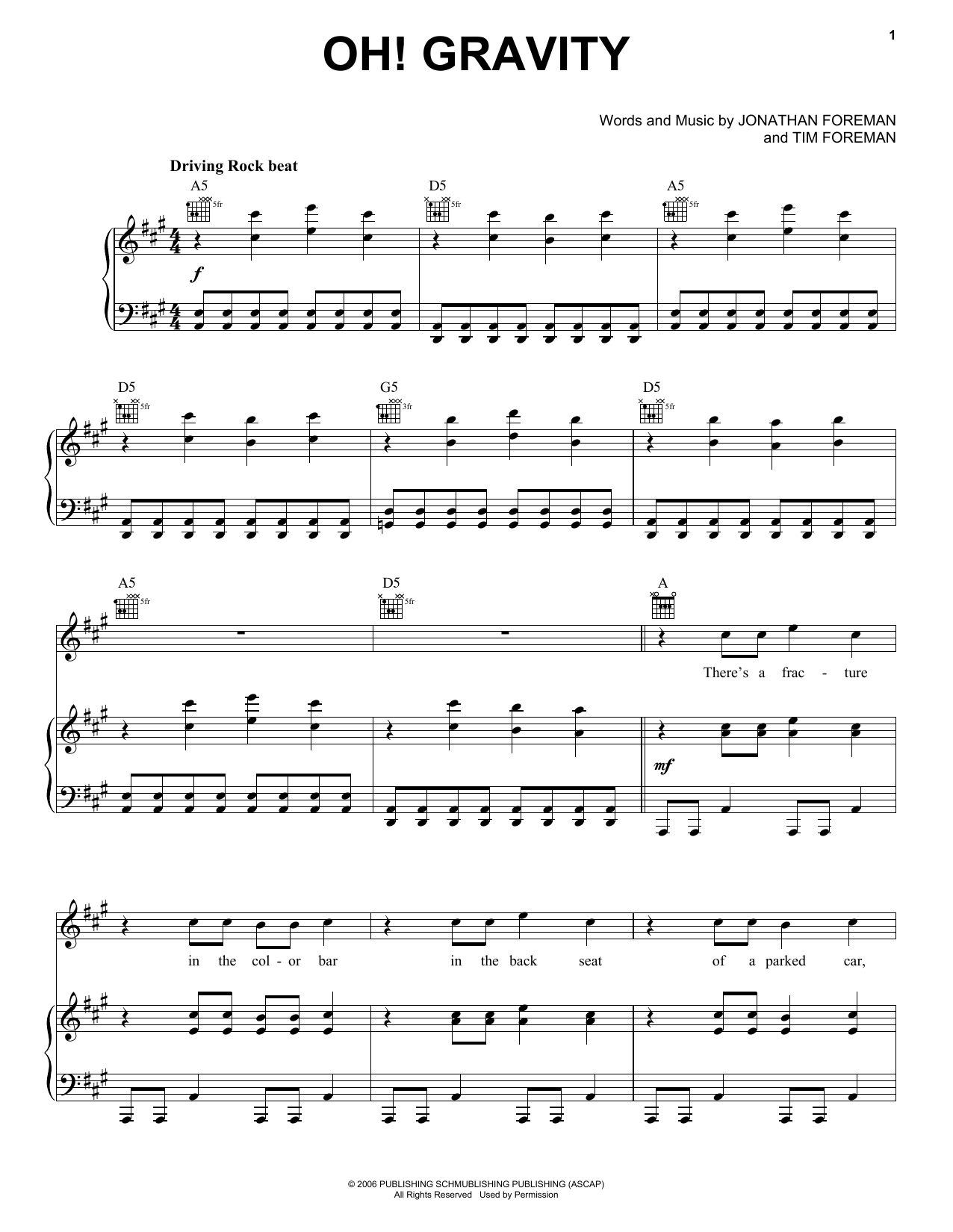 Switchfoot Oh! Gravity sheet music notes and chords arranged for Piano, Vocal & Guitar Chords (Right-Hand Melody)