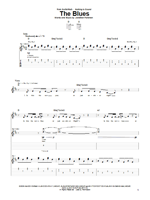 Switchfoot The Blues sheet music notes and chords arranged for Guitar Tab