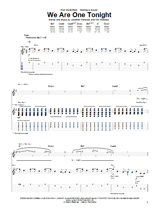 Switchfoot We Are One Tonight sheet music notes and chords arranged for Guitar Tab (Single Guitar)