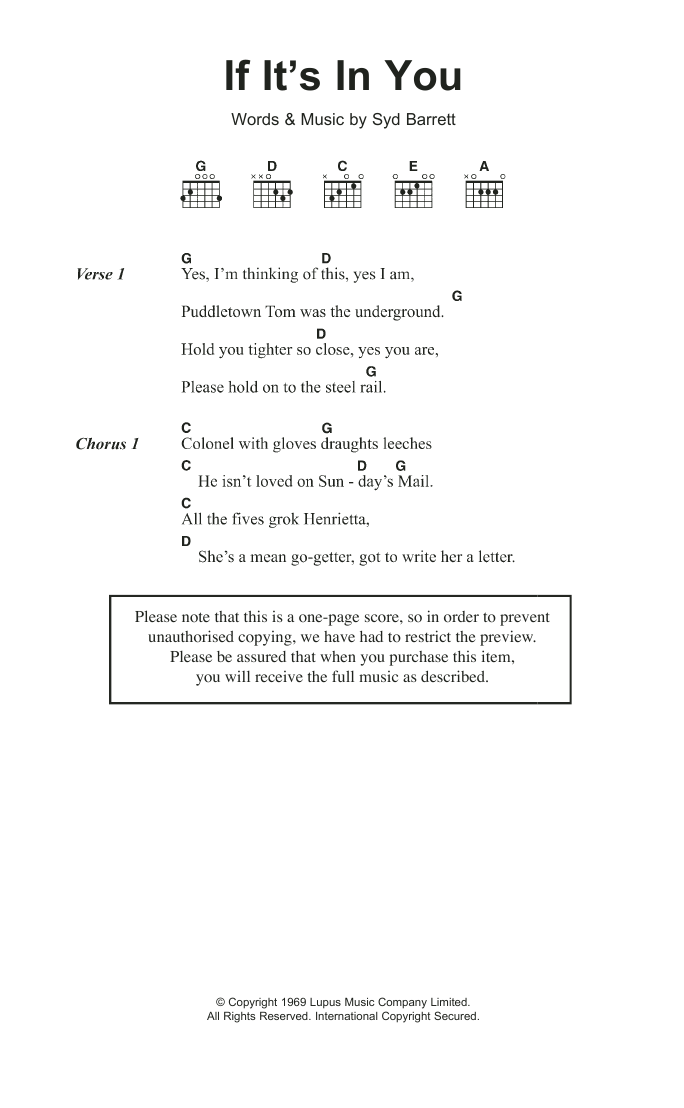 Syd Barrett If It's In You sheet music notes and chords arranged for Guitar Chords/Lyrics