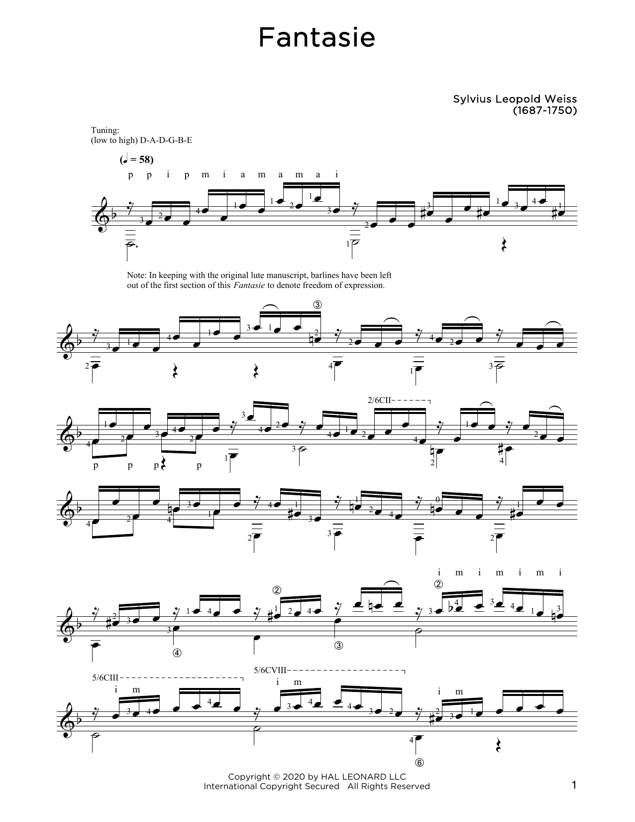 Sylvius Leopold Weiss Fantasie sheet music notes and chords arranged for Solo Guitar