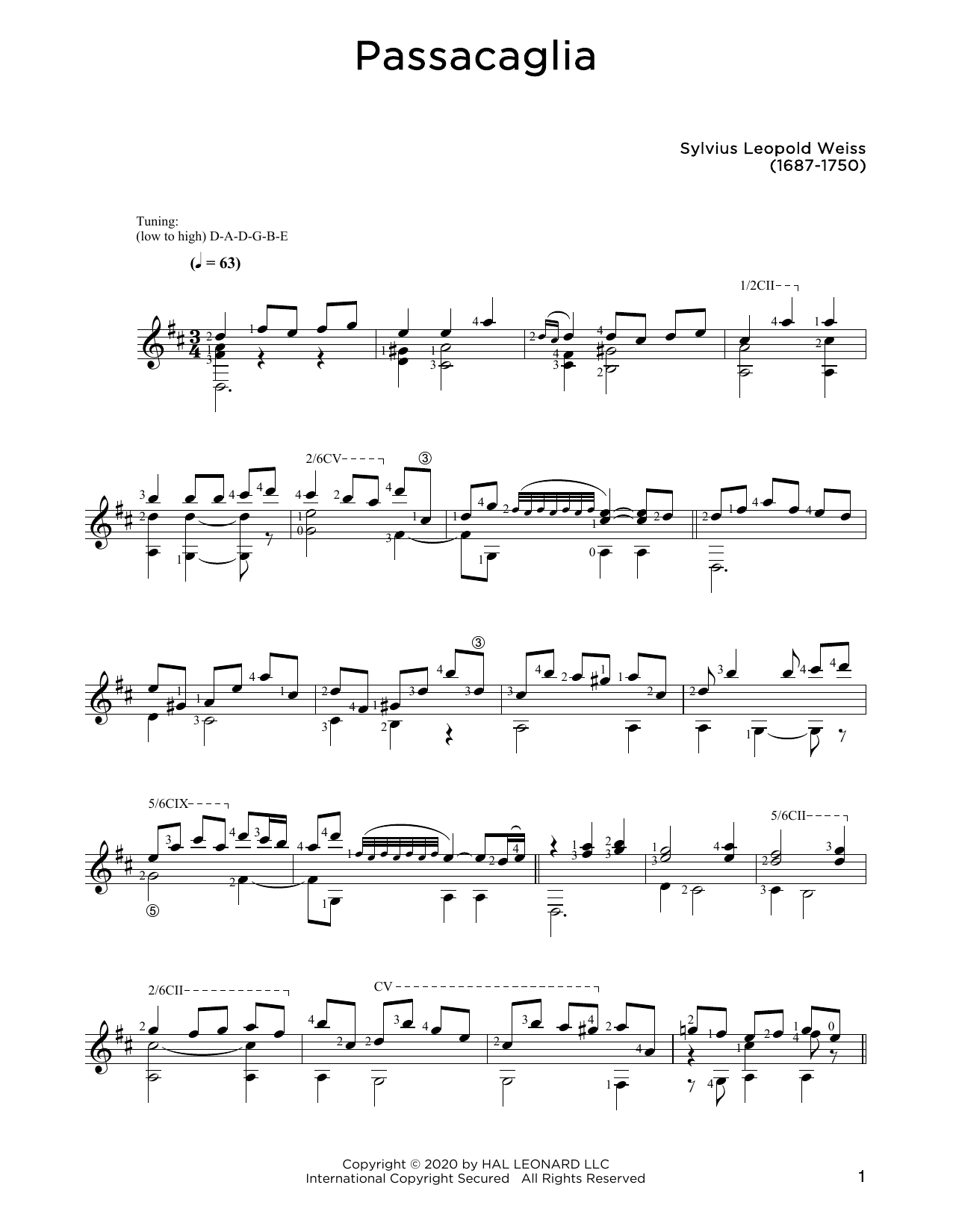 Sylvius Leopold Weiss Passacaglia sheet music notes and chords arranged for Solo Guitar