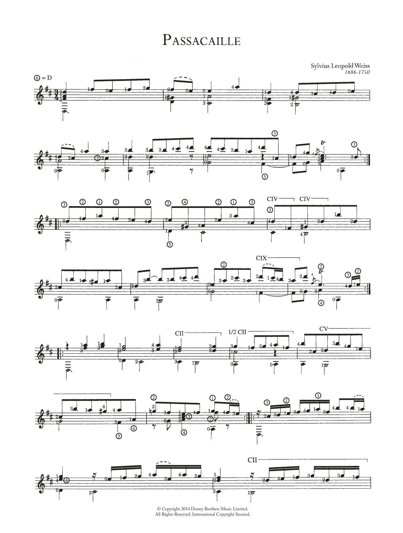 Sylvius Leopold Weiss Passacaille sheet music notes and chords arranged for Solo Guitar