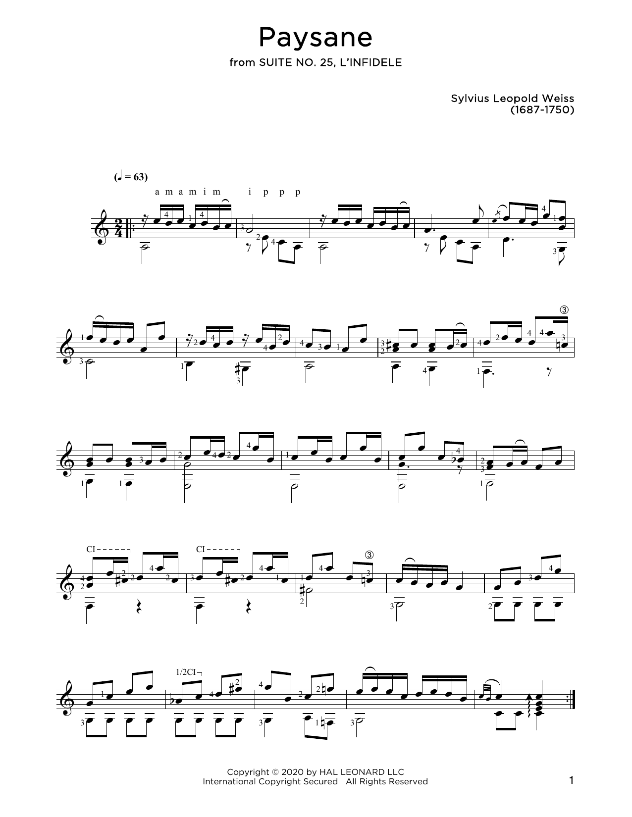 Sylvius Leopold Weiss Paysane sheet music notes and chords arranged for Solo Guitar