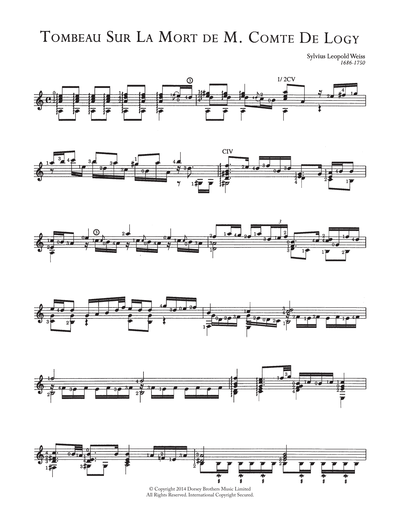 Sylvius Leopold Weiss Tombeau Sur La Mort De M. Comte De Logy sheet music notes and chords arranged for Easy Guitar