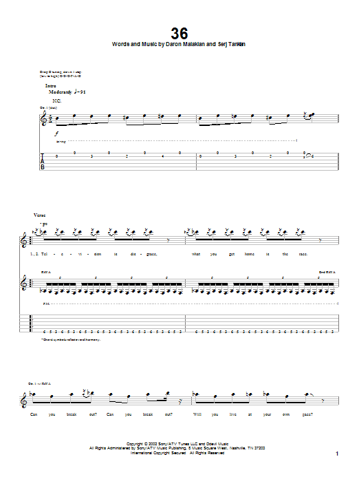 System Of A Down 36 sheet music notes and chords arranged for Guitar Tab