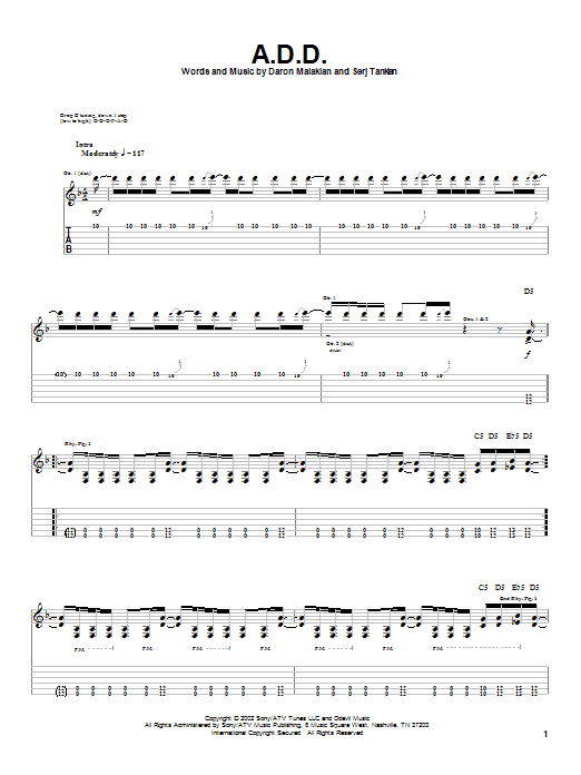 System Of A Down A.D.D. sheet music notes and chords arranged for Guitar Tab