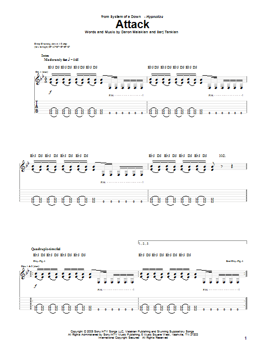 System Of A Down Attack sheet music notes and chords arranged for Guitar Tab