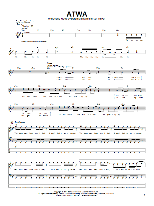 System Of A Down ATWA sheet music notes and chords arranged for Drums Transcription