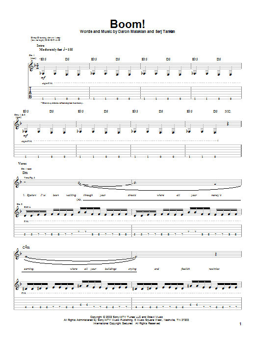 System Of A Down Boom! sheet music notes and chords arranged for Guitar Tab