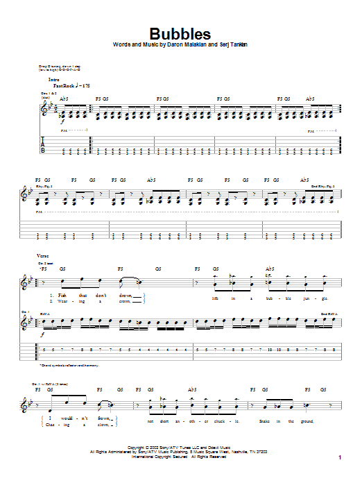 System Of A Down Bubbles sheet music notes and chords arranged for Guitar Tab