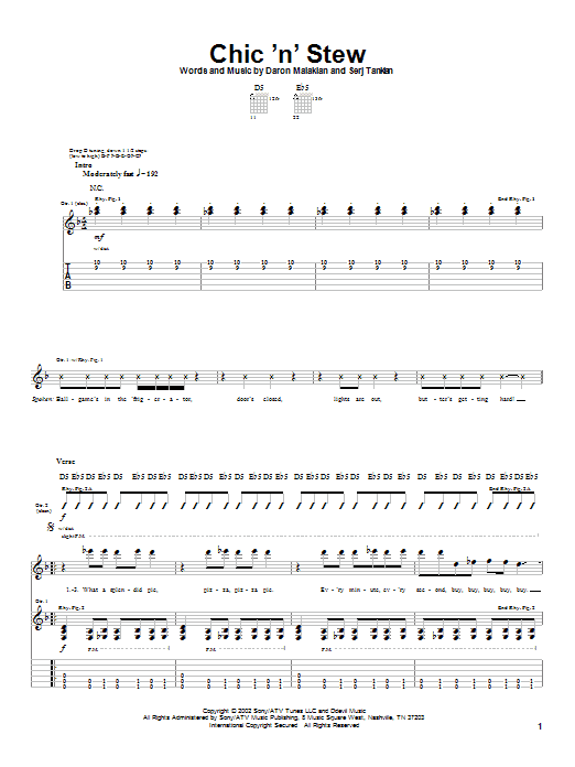 System Of A Down Chic 'N' Stew sheet music notes and chords arranged for Guitar Tab