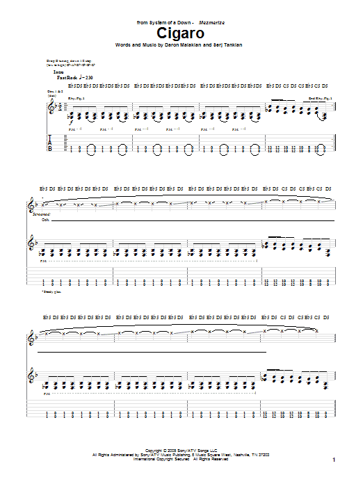 System Of A Down Cigaro sheet music notes and chords arranged for Guitar Tab