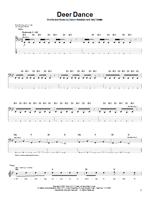 System Of A Down Deer Dance sheet music notes and chords arranged for Bass Guitar Tab