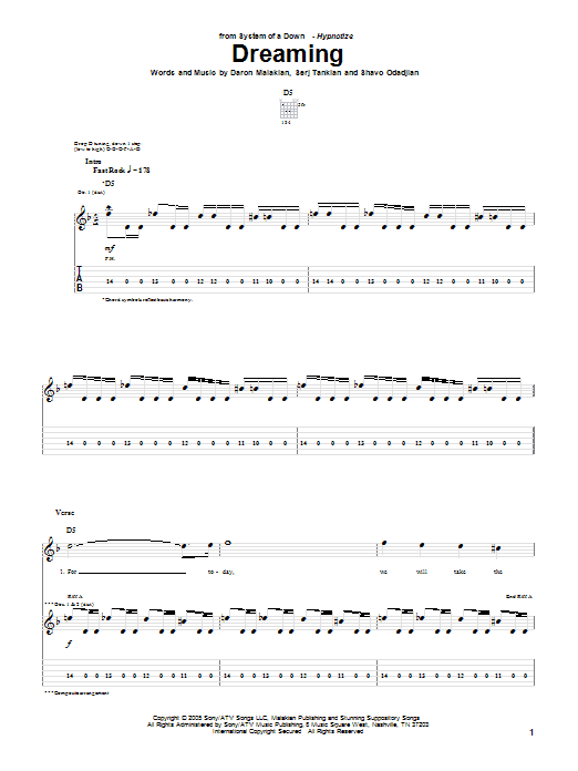 System Of A Down Dreaming sheet music notes and chords arranged for Guitar Tab