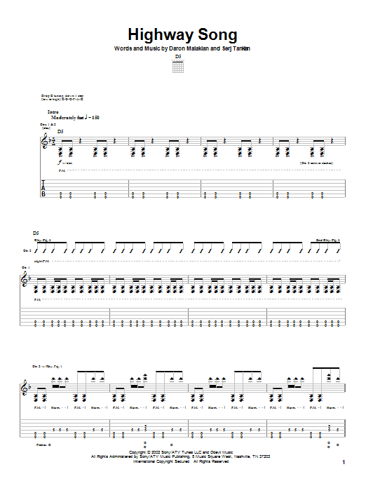 System Of A Down Highway Song sheet music notes and chords arranged for Guitar Tab