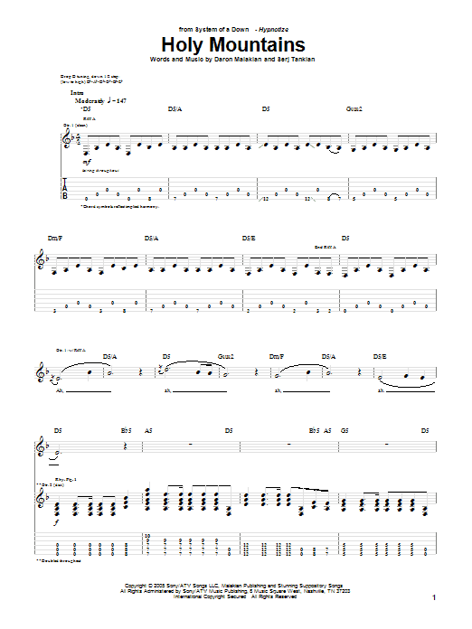 System Of A Down Holy Mountains sheet music notes and chords arranged for Guitar Tab