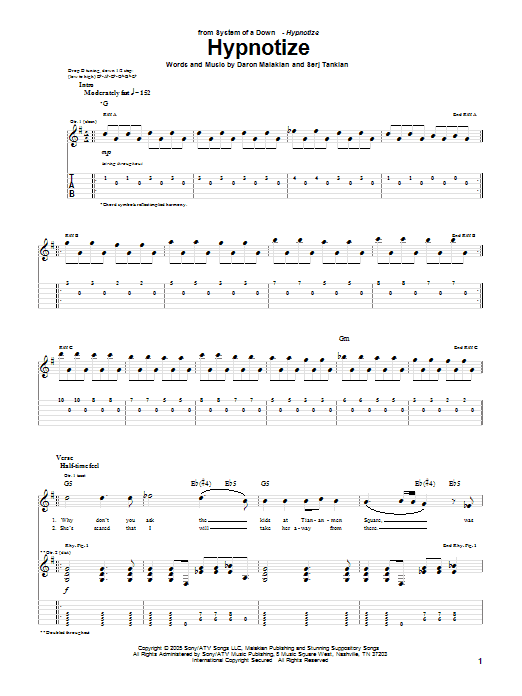 System Of A Down Hypnotize sheet music notes and chords arranged for Guitar Tab