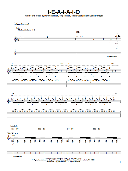 System Of A Down I-E-A-I-A-I-O sheet music notes and chords arranged for Guitar Tab