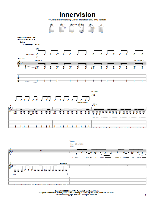 System Of A Down Innervision sheet music notes and chords arranged for Guitar Tab (Single Guitar)