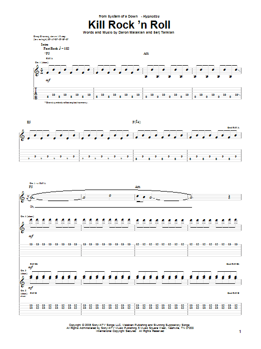 System Of A Down Kill Rock 'N Roll sheet music notes and chords arranged for Guitar Tab