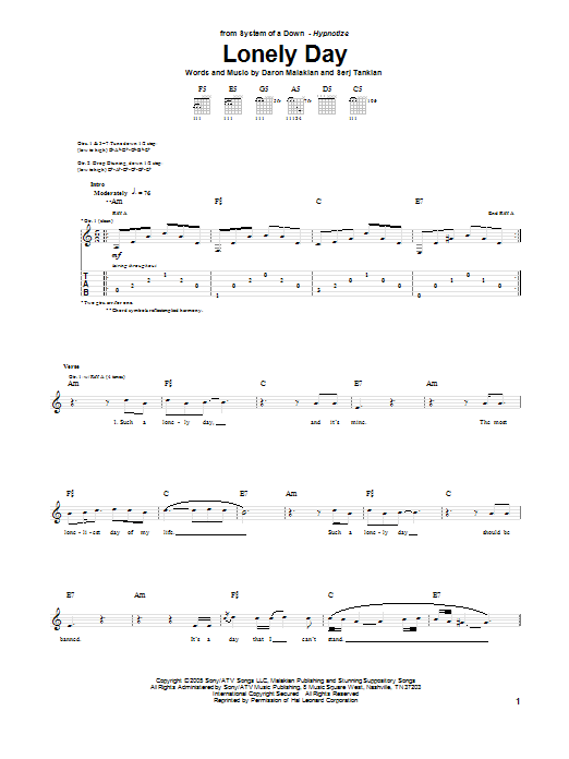 System Of A Down Lonely Day sheet music notes and chords arranged for Guitar Tab