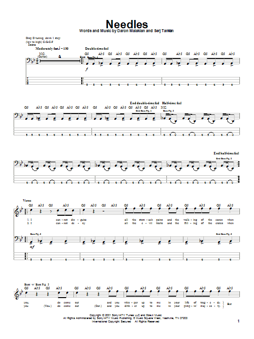 System Of A Down Needles sheet music notes and chords arranged for Bass Guitar Tab