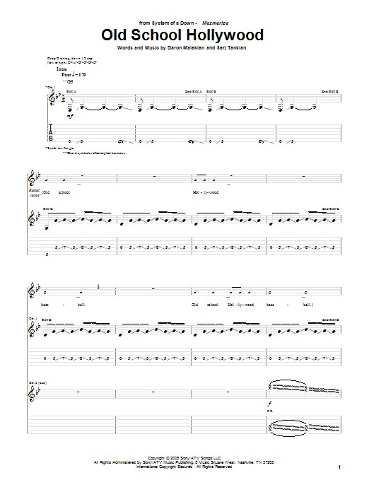 System Of A Down Old School Hollywood sheet music notes and chords arranged for Guitar Tab