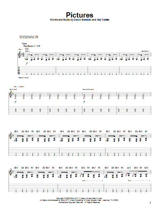System Of A Down Pictures sheet music notes and chords arranged for Guitar Tab