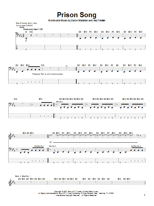 System Of A Down Prison Song sheet music notes and chords arranged for Bass Guitar Tab