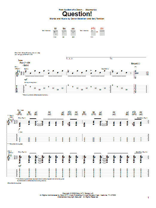 System Of A Down Question! sheet music notes and chords arranged for Guitar Tab (Single Guitar)