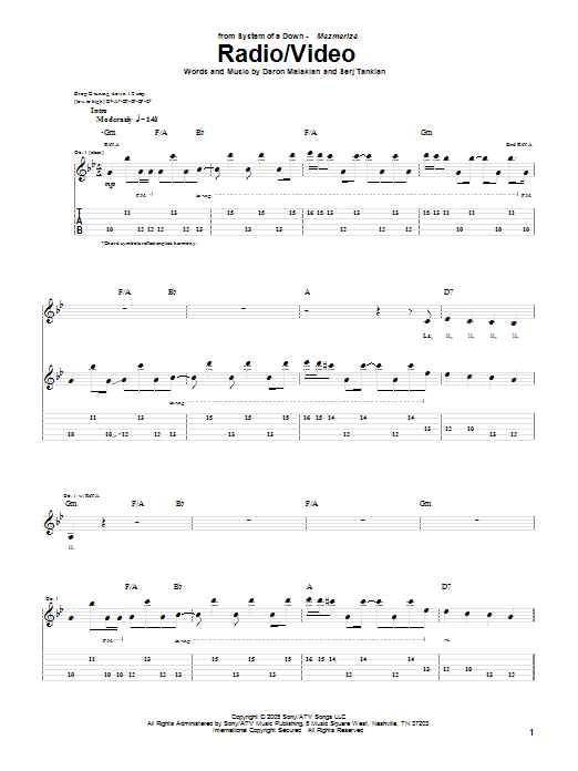 System Of A Down Radio/Video sheet music notes and chords arranged for Guitar Tab