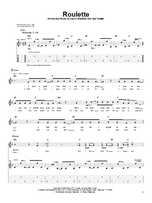 System Of A Down Roulette sheet music notes and chords arranged for Guitar Tab