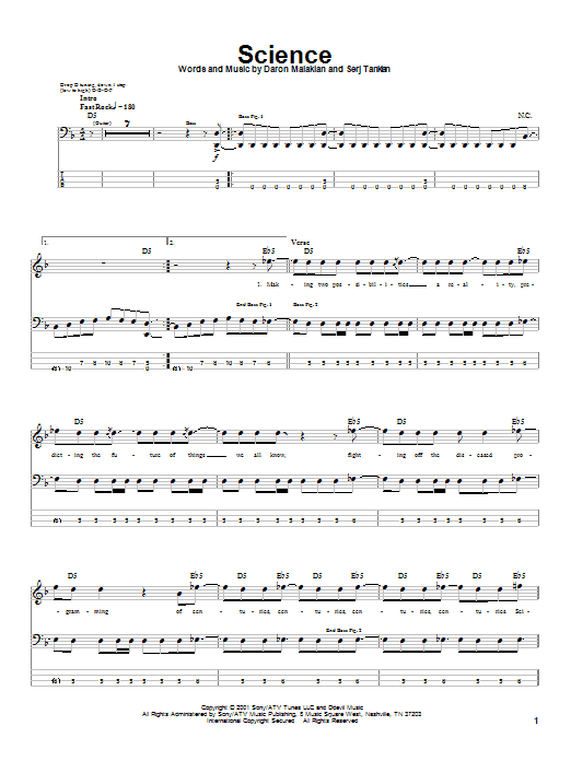 System Of A Down Science sheet music notes and chords arranged for Bass Guitar Tab