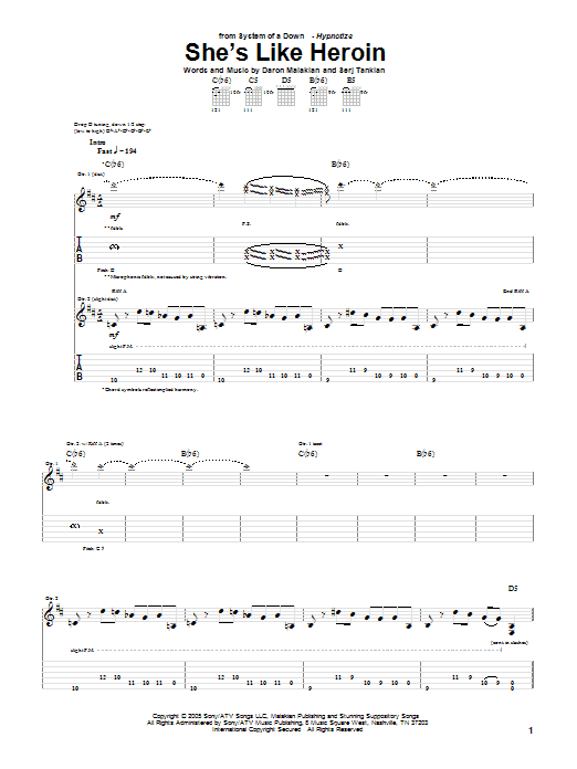System Of A Down She's Like Heroin sheet music notes and chords arranged for Guitar Tab